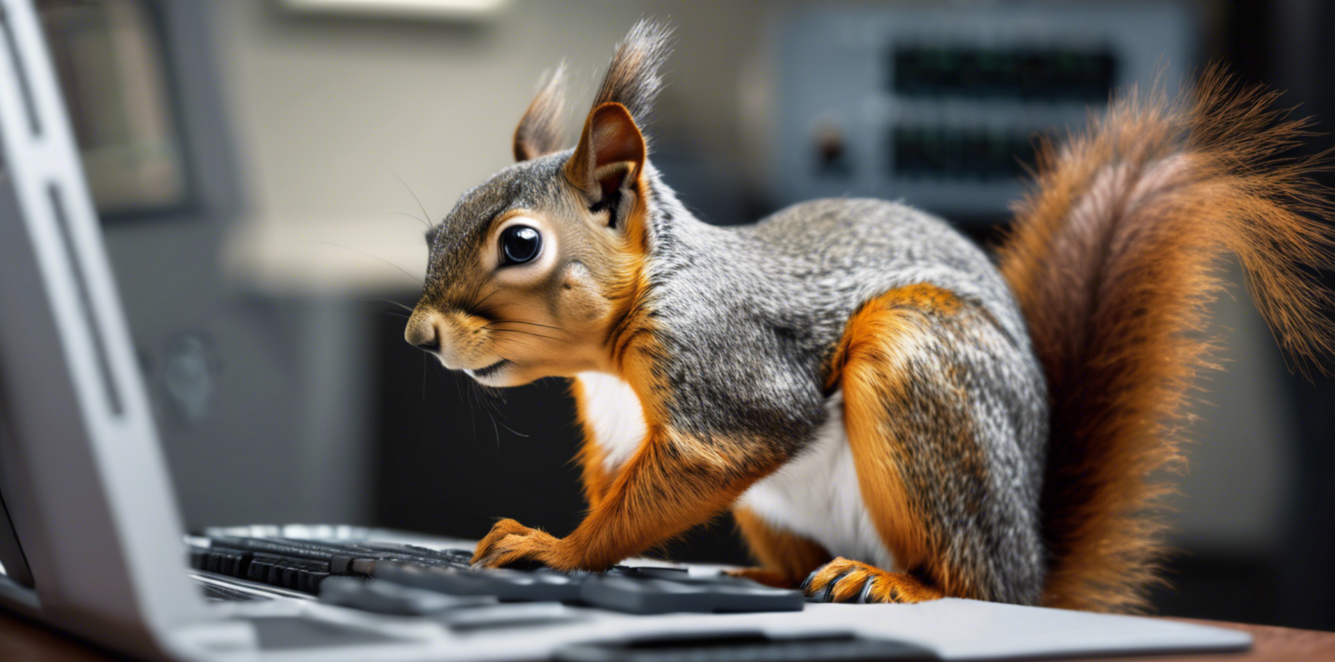 A small red squirrel sitting at a laptop. The squirrel is staring intently at the screen, and its paws are poised over the keyboard as if ready to type.